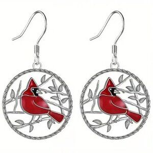 Round Silver CARDINAL Red Bird Dangle Earrings